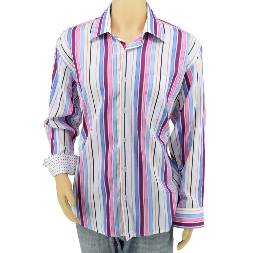 XMI Men's XL Shirt Multicolor Vertical Stripe Contrast Cuff Sport Shirt